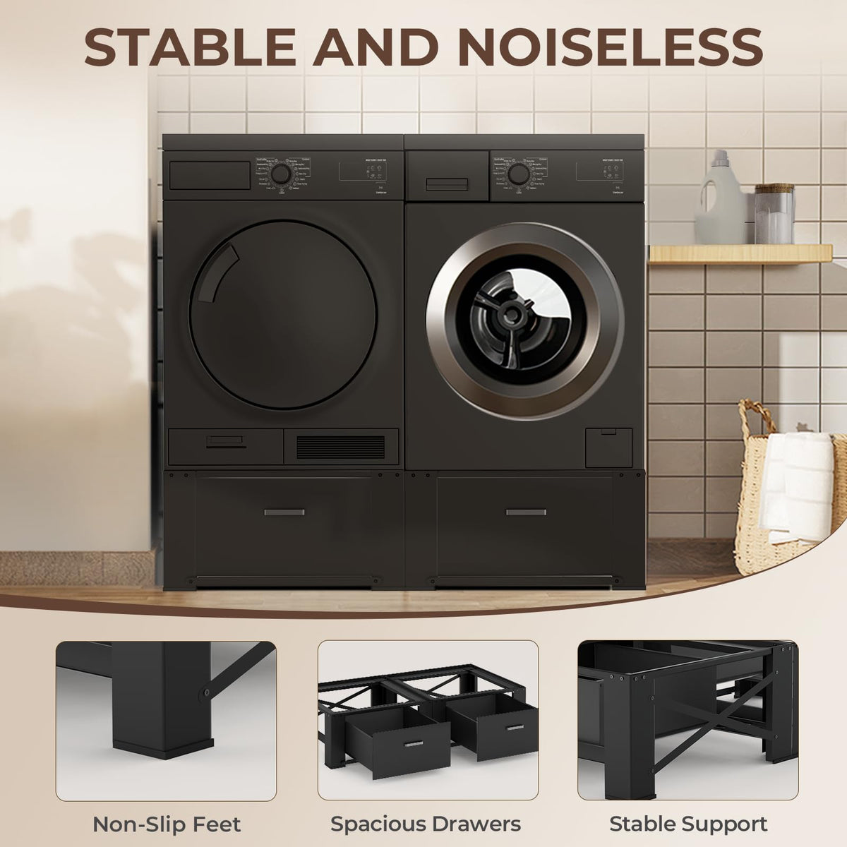 29" Washer and Dryer Pedestals with Drawer Set of 2 Black J23408