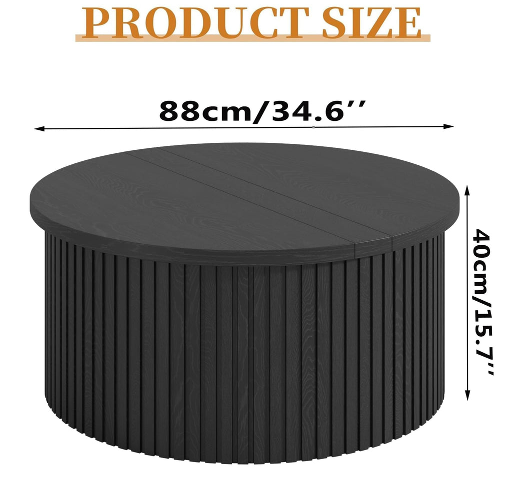 34.6" Fluted Round Lift Top Coffee Table with Hidden Storage, Black L2568