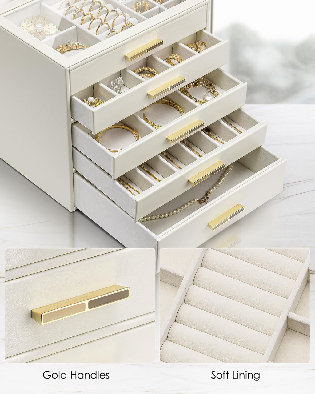 5 Layer Glass Lid Jewelry Organizer with 5 Drawers D7337
