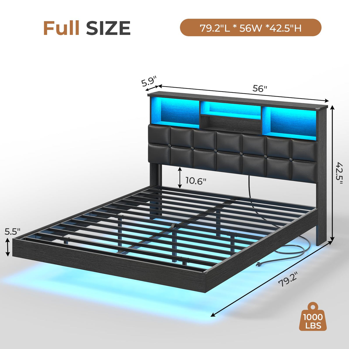 Black Full Size Upholstered Platform Bed Frame with Headboard and Storage I542
