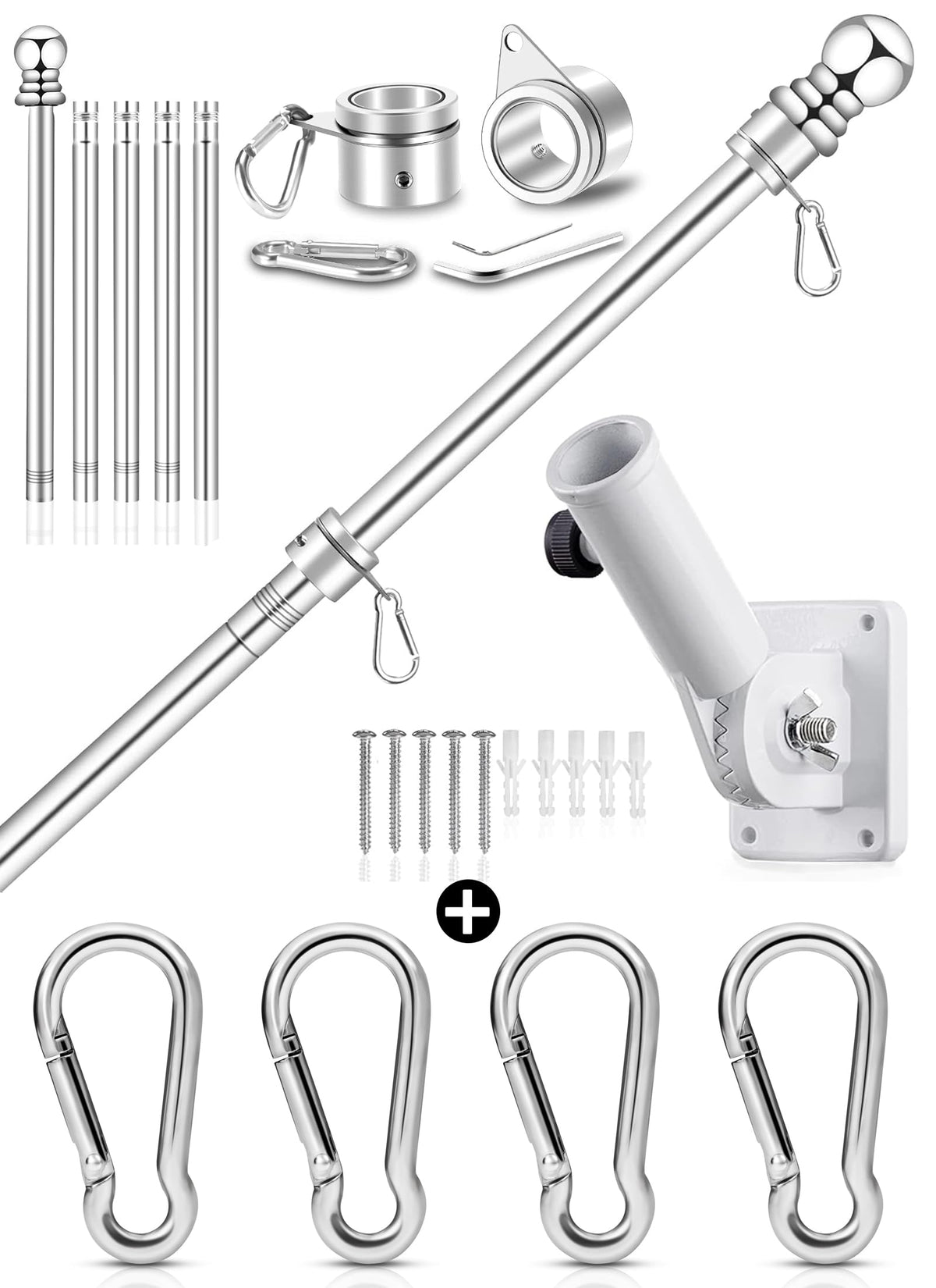 6 FT Metal Flagpole Kit and Stainless Steel Flagpole Clips T89760