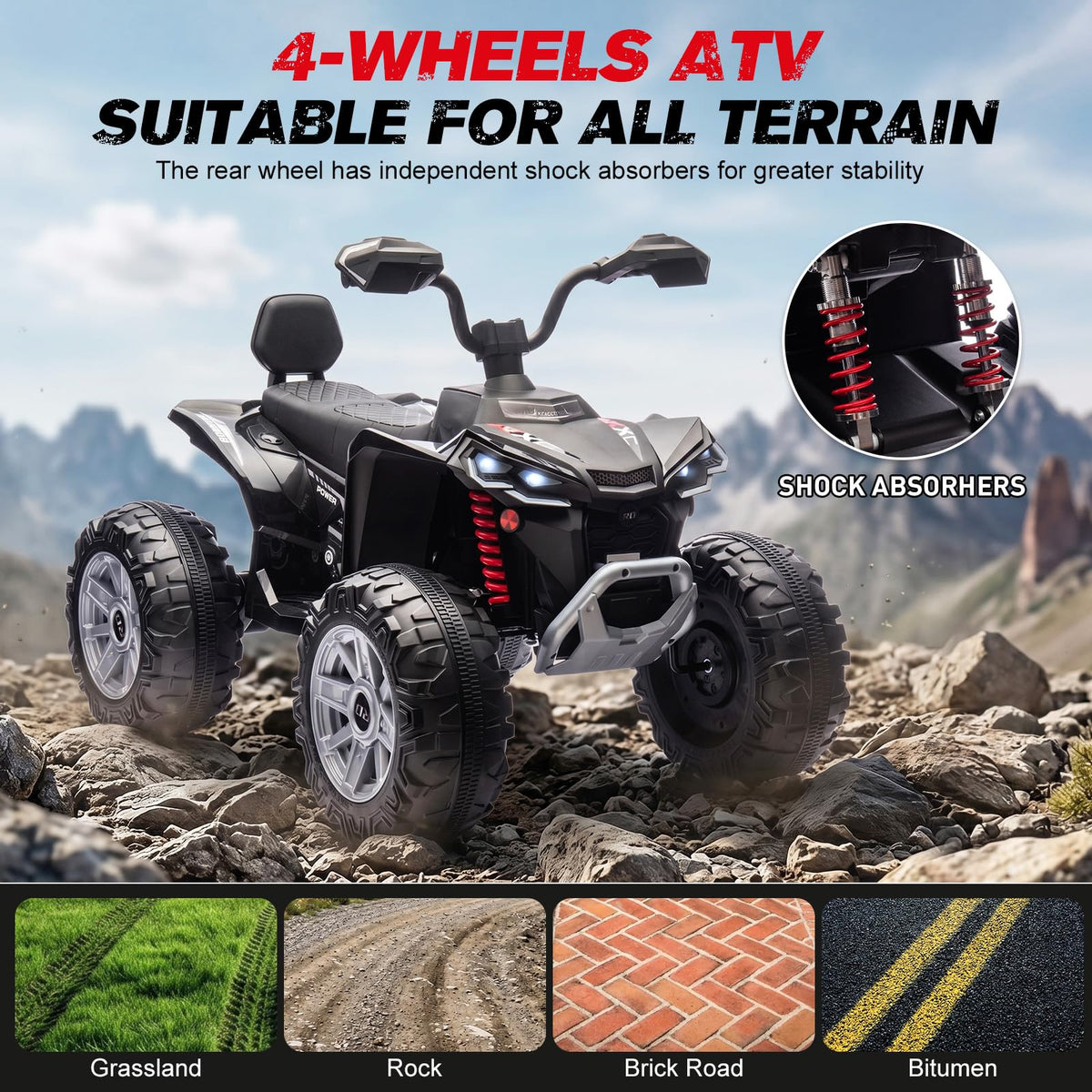24V 2 Seater Kids ATV with LED Lights and Music, Black O919335