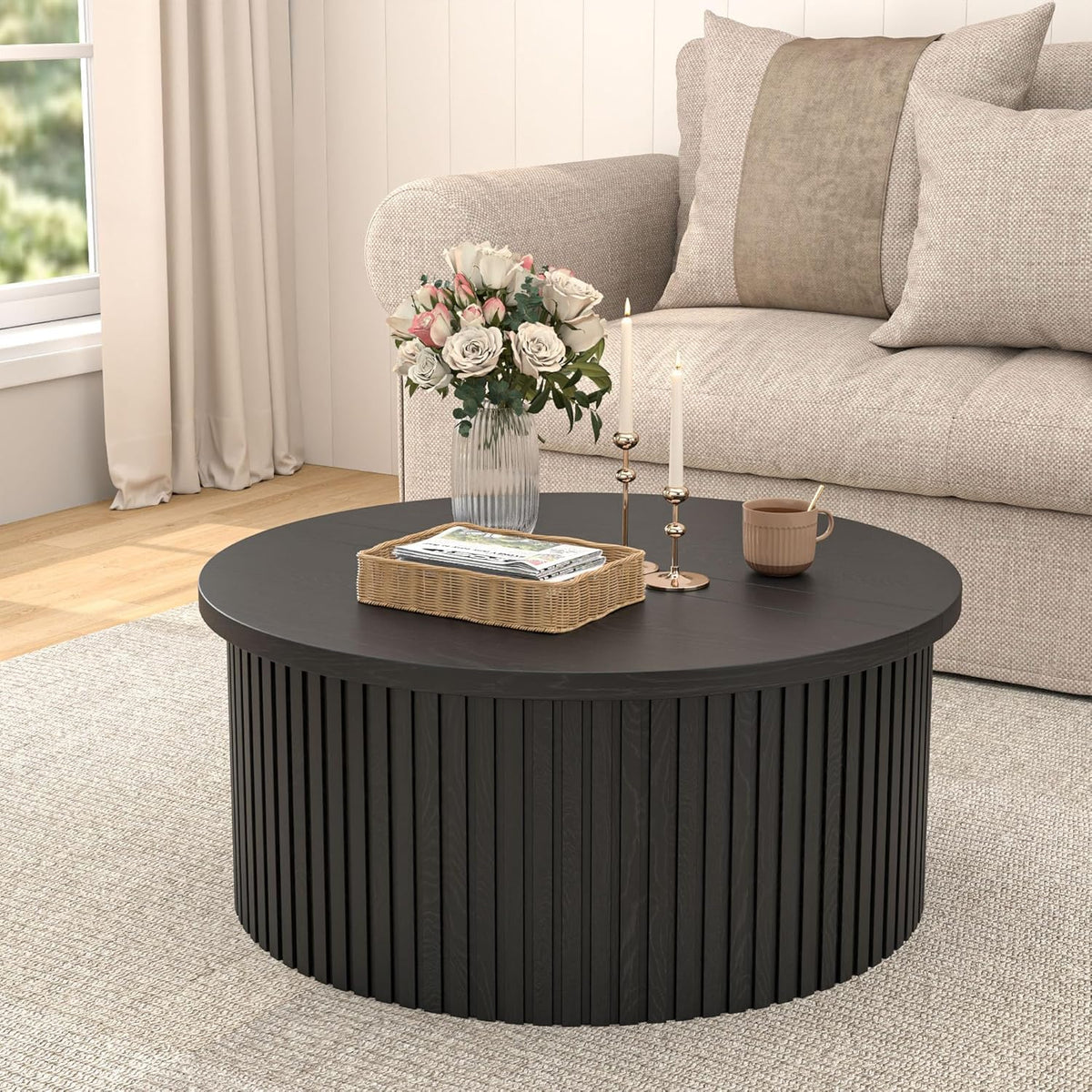 34.6" Fluted Round Lift Top Coffee Table with Hidden Storage, Black L2568