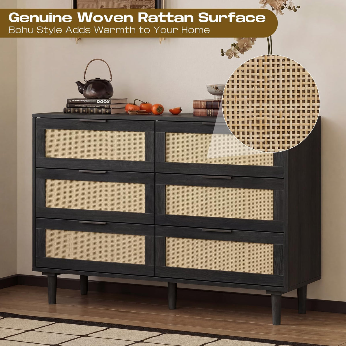 6 Drawer Rattan Wood Dresser U9317