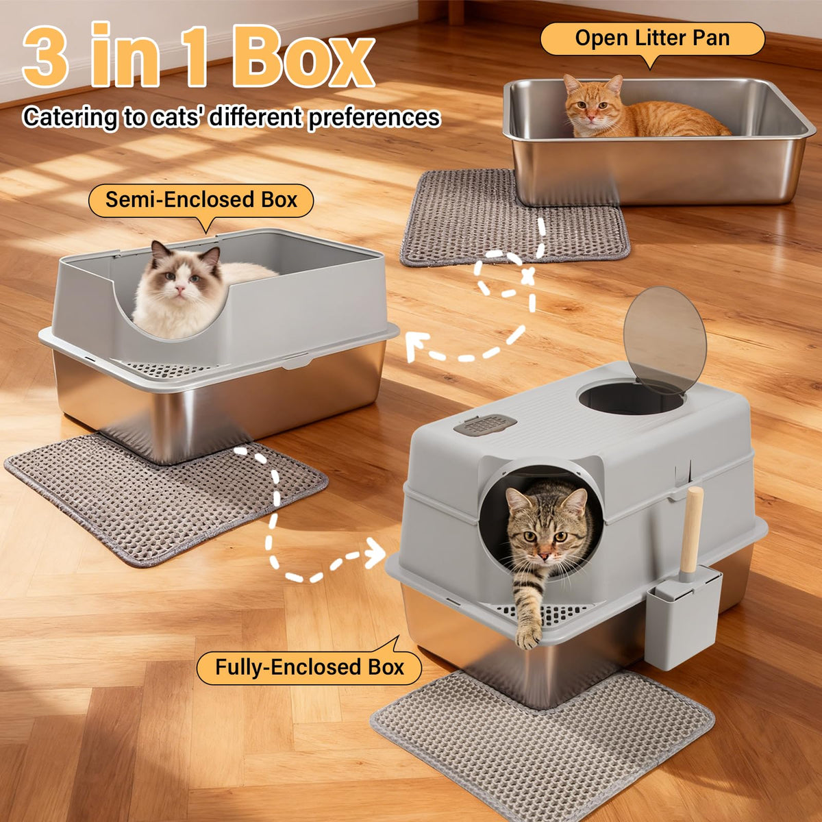 XL Stainless Steel Enclosed Cat Litter Box with Lid M3163