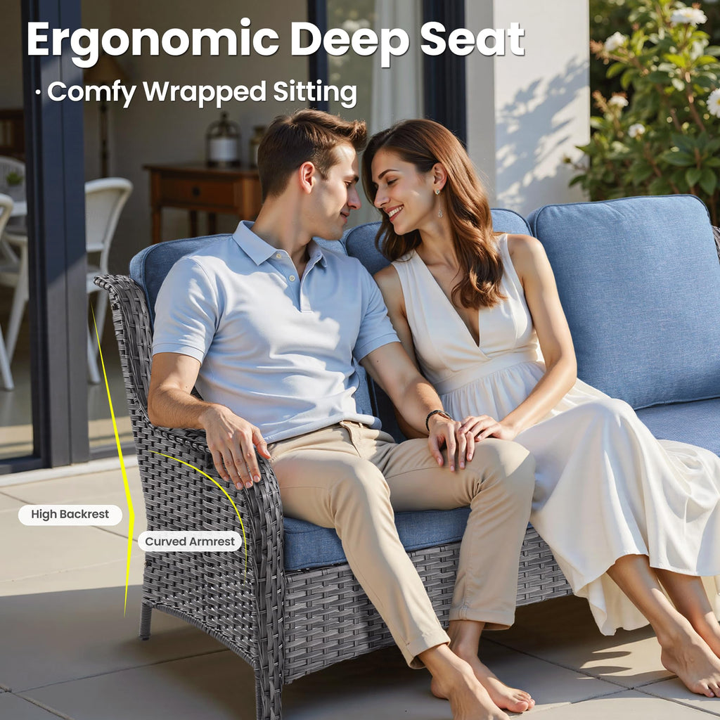 3-Pieces Outdoor Wicker Sofa with 2 Ottomans I89286