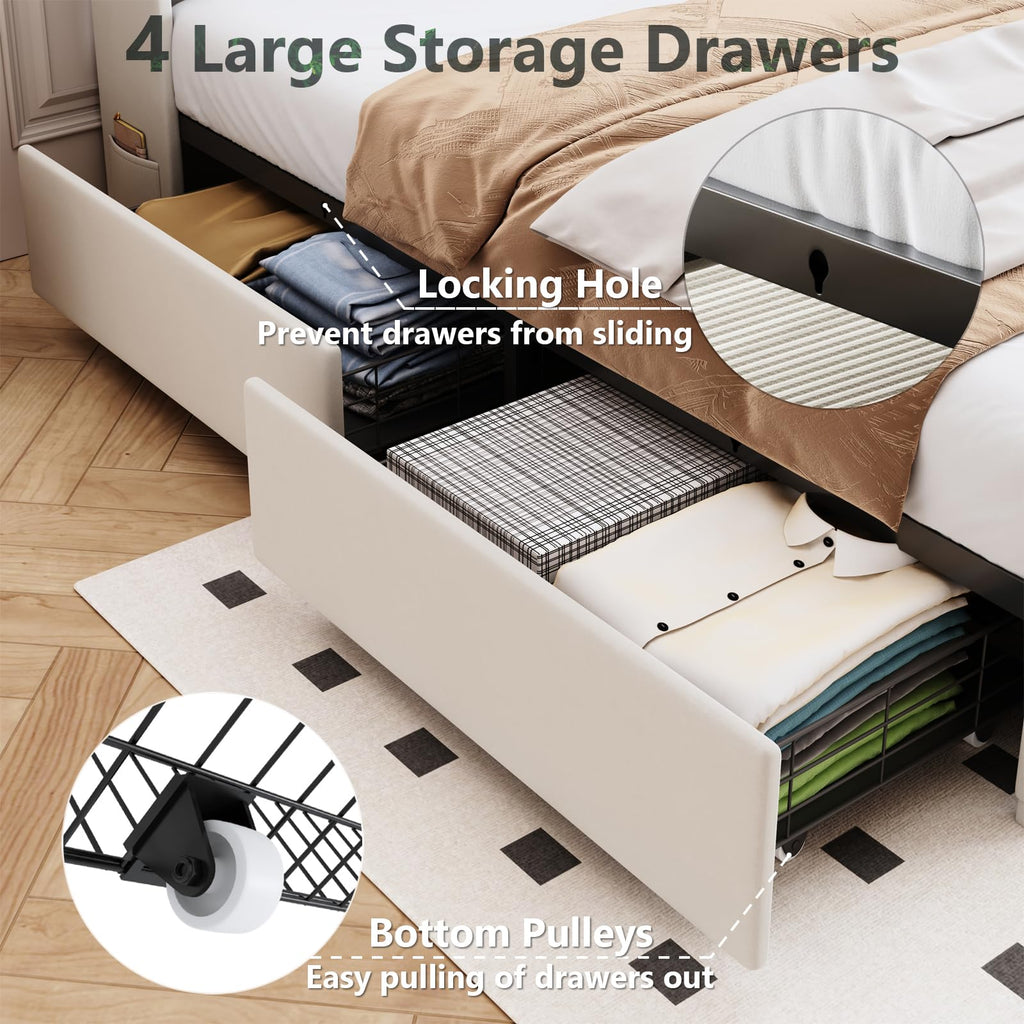 Beige Upholstered Full Size Bed Frame with 4 Drawers and Storage Headboard O5189