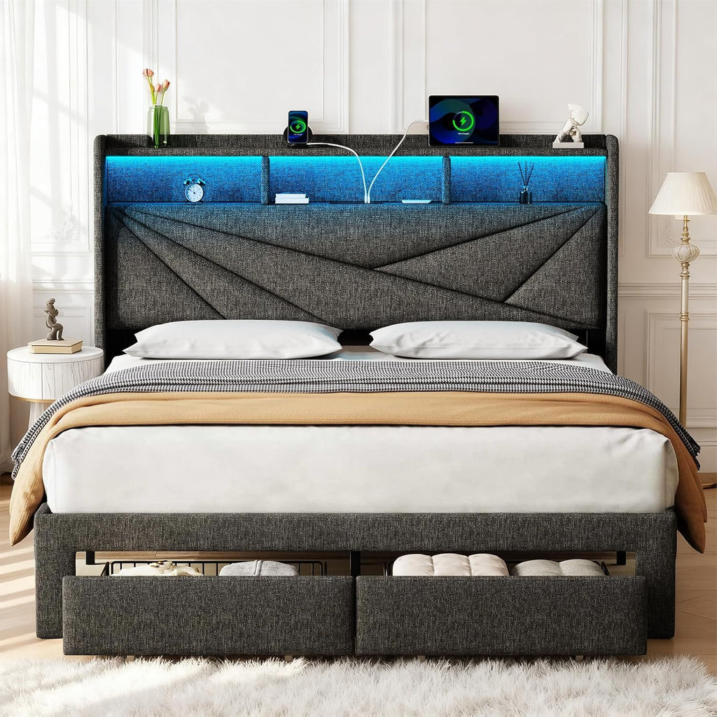 Queen Bed Frame with 2 Storage Drawers and Upholstered Headboard I859