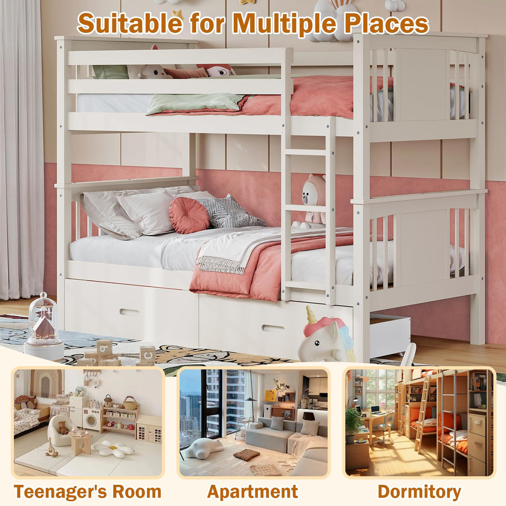 Solid Wood Twin-Over-Twin Bunk Bed with 2 Storage Drawers U953316