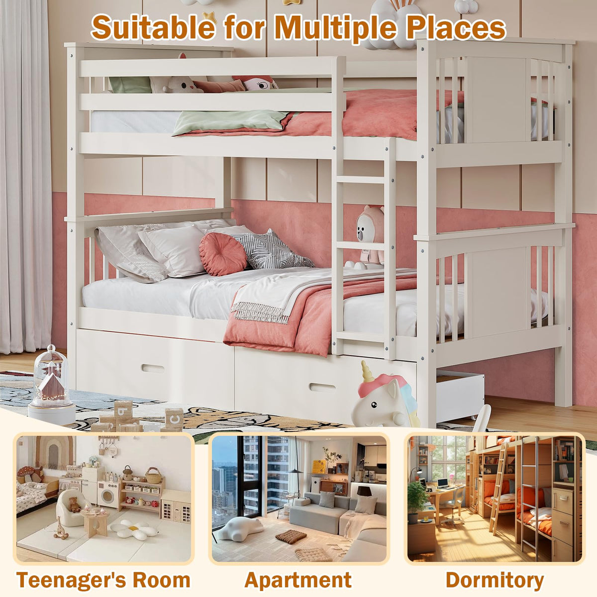 Solid Wood Twin-Over-Twin Bunk Bed with 2 Storage Drawers U953316