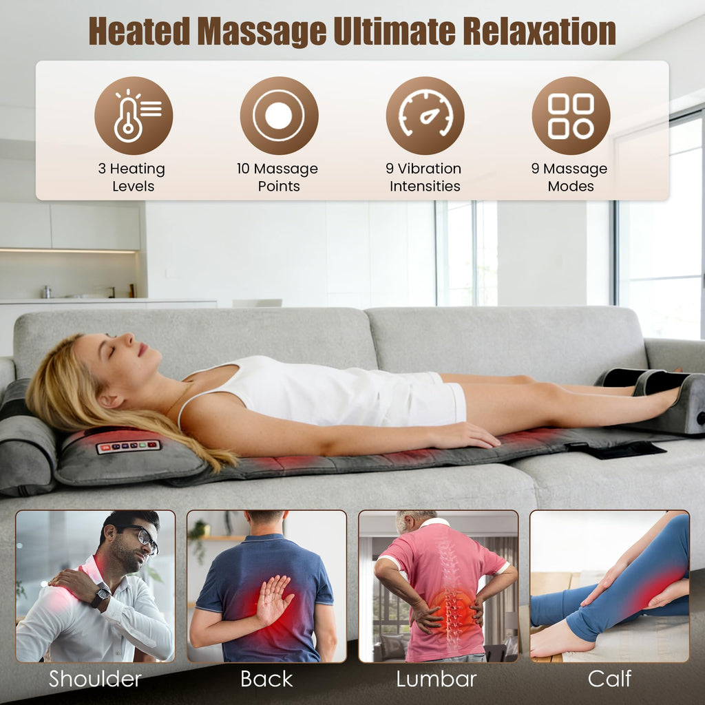 Full Body Massage Mat with Heat, 10 Vibrating Nodes, 9 Modes, 3 Heating Levels, Detachable Neck Foot Massager M670780