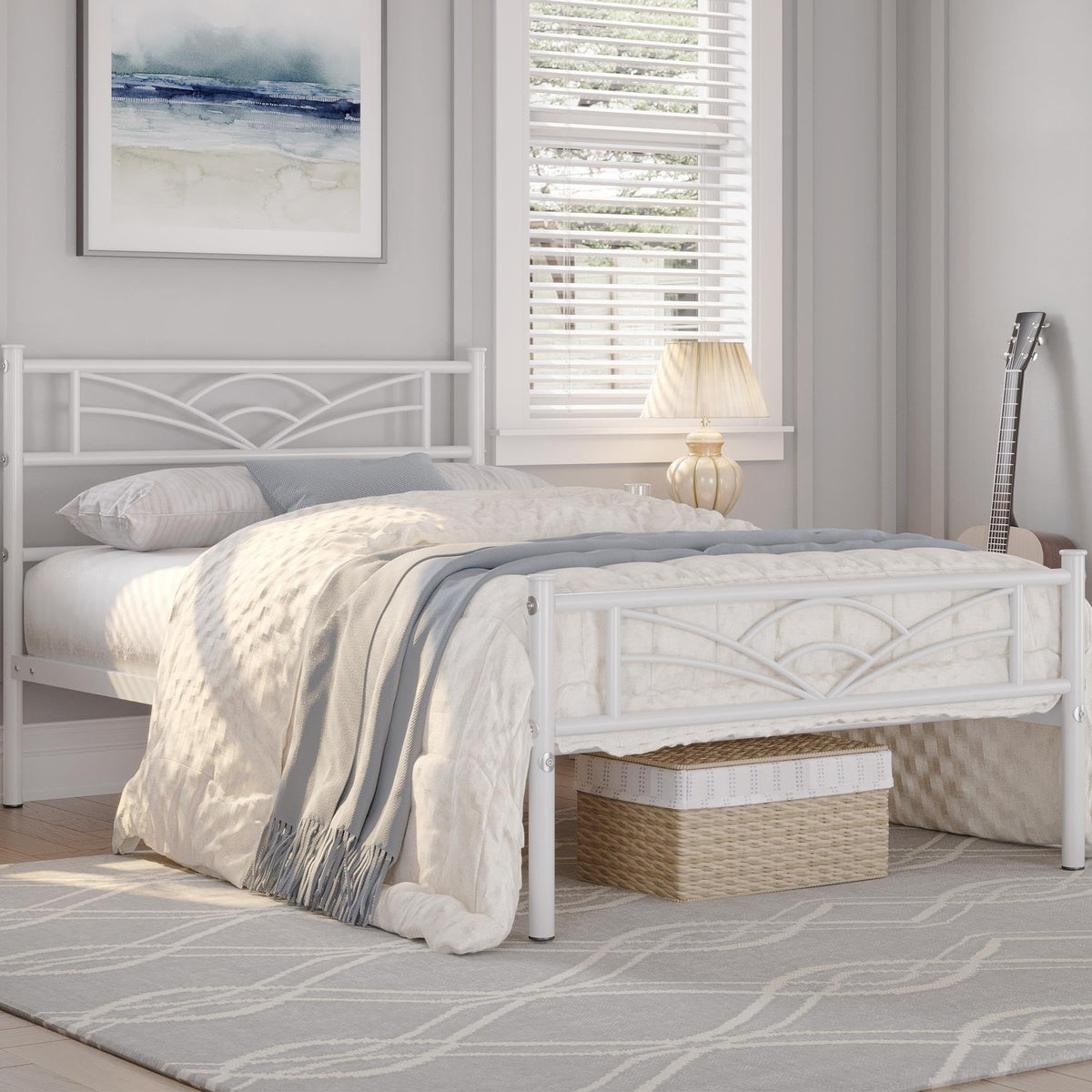 Twin Size White Metal Bed Frame with Headboard R96619