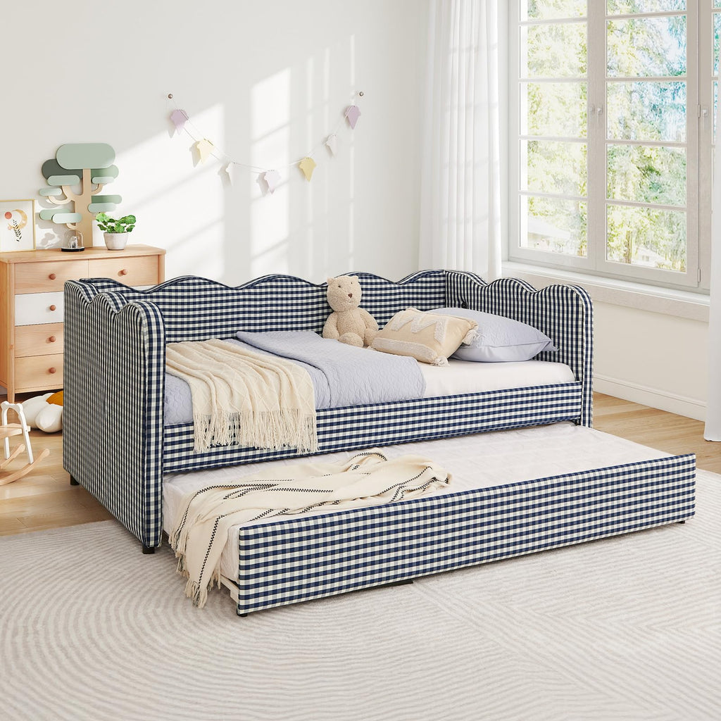 Blue Linen Upholstered Twin Daybed with Trundle M677511