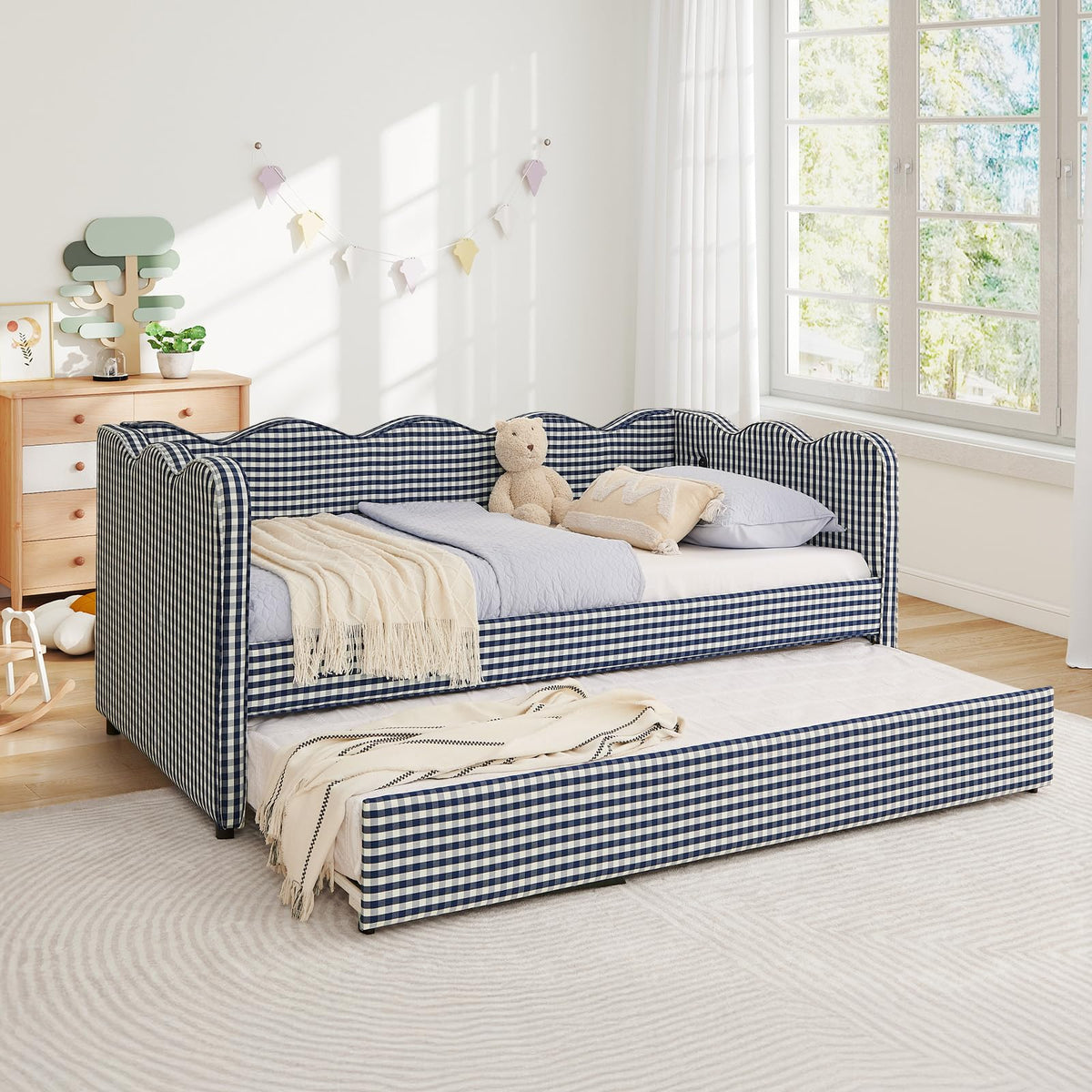 Blue Linen Upholstered Twin Daybed with Trundle M677511