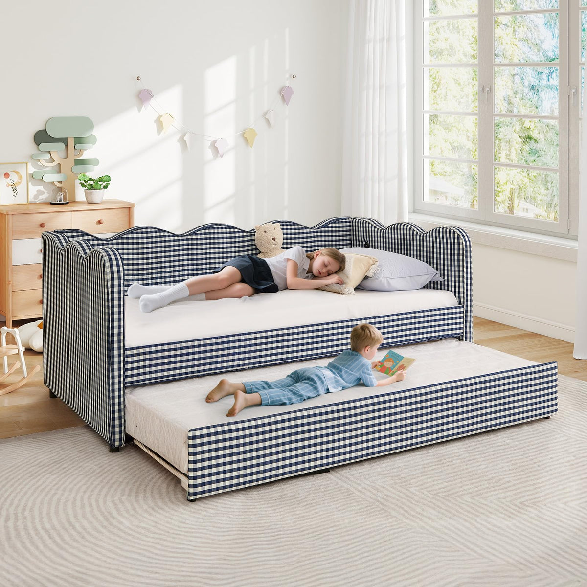 Blue Linen Upholstered Twin Daybed with Trundle M677511