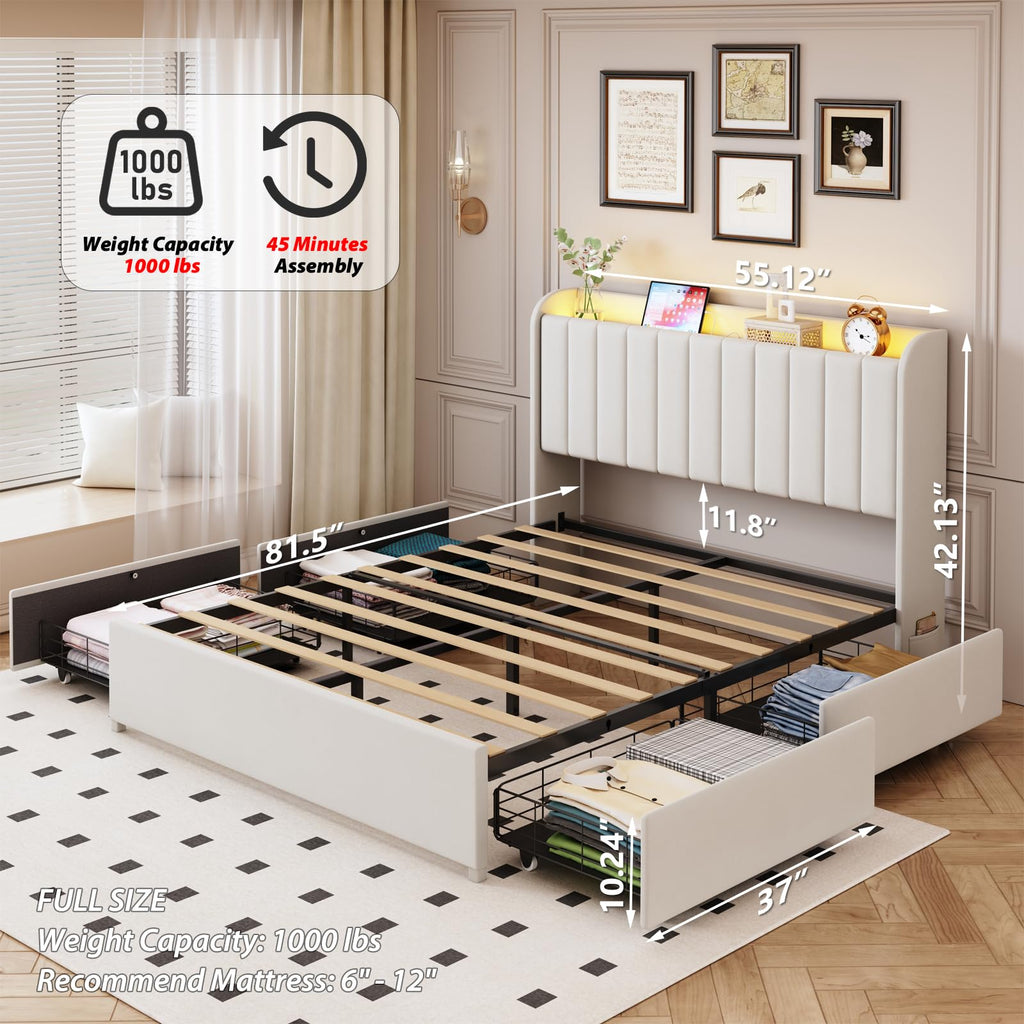 Beige Upholstered Full Size Bed Frame with 4 Drawers and Storage Headboard O5189