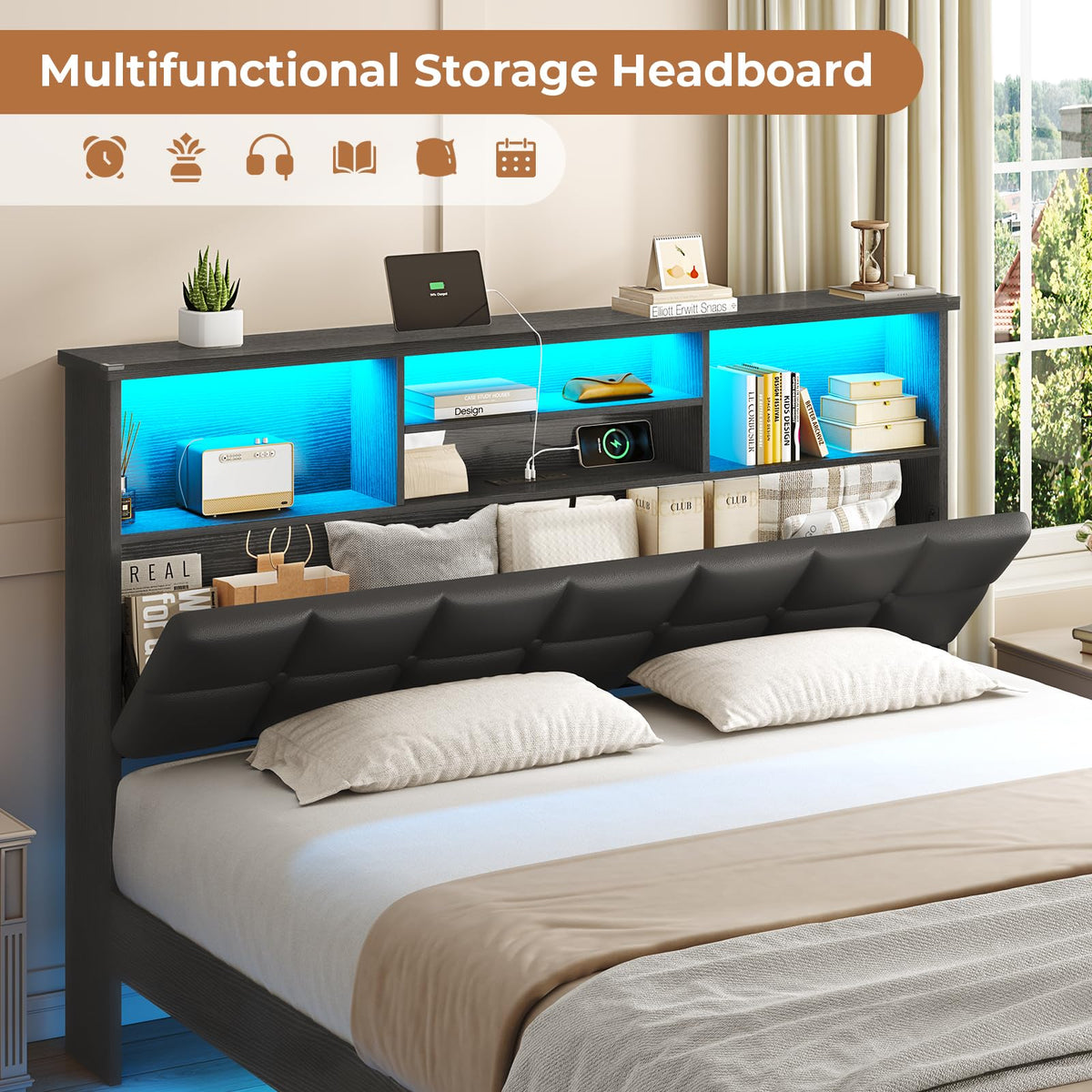 Black Full Size Upholstered Platform Bed Frame with Headboard and Storage I542