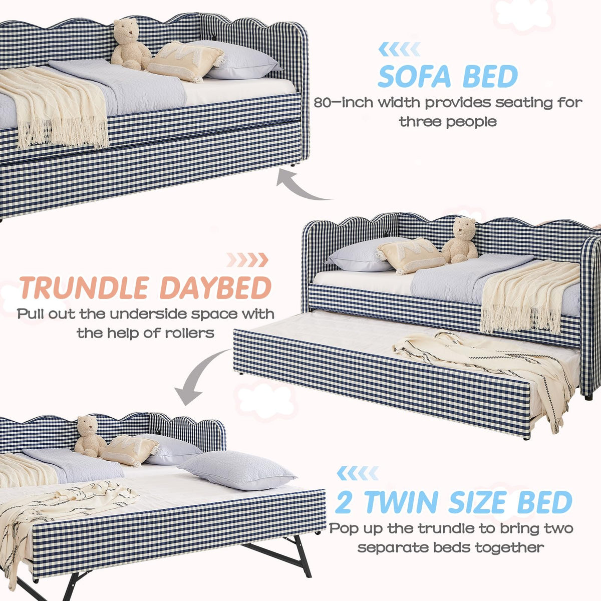 Blue Linen Upholstered Twin Daybed with Trundle M677511