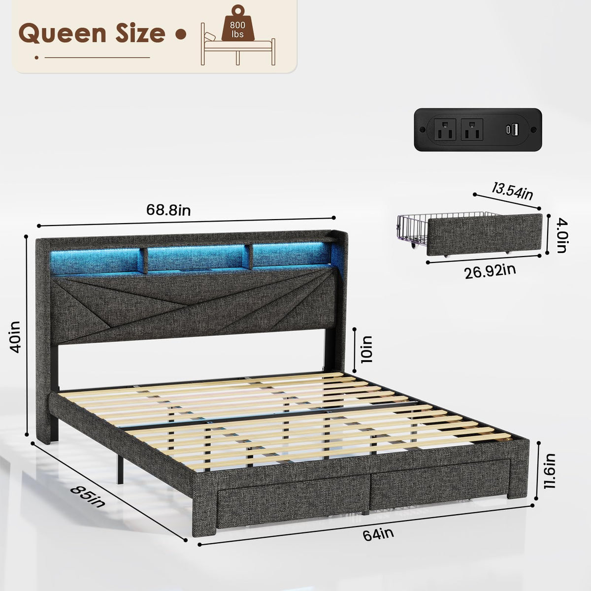 Queen Bed Frame with 2 Storage Drawers and Upholstered Headboard I859