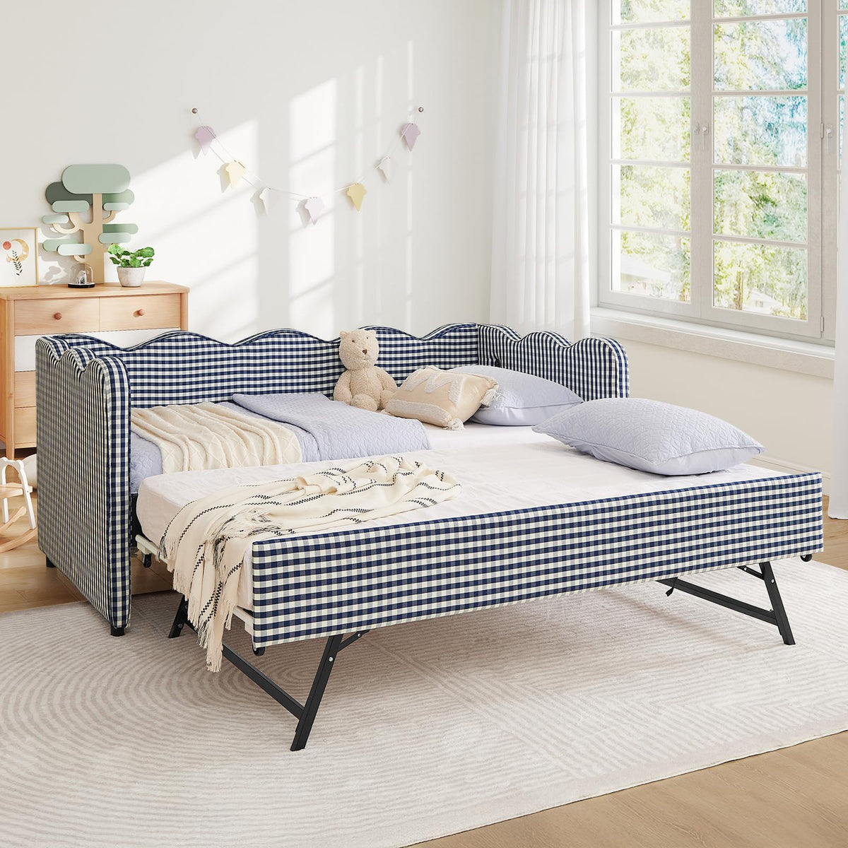 Blue Linen Upholstered Twin Daybed with Trundle M677511