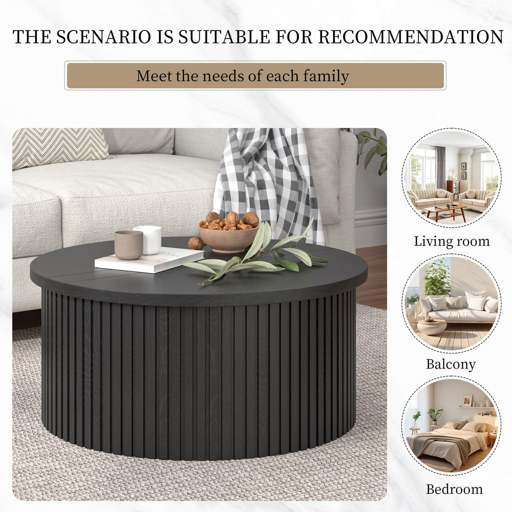 34.6" Fluted Round Lift Top Coffee Table with Hidden Storage, Black L2568