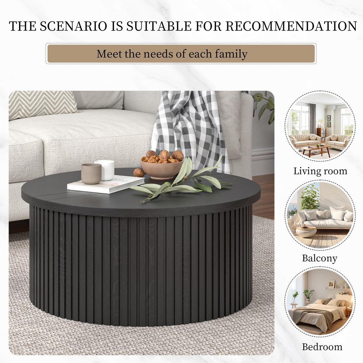 34.6" Fluted Round Lift Top Coffee Table with Hidden Storage, Black L2568
