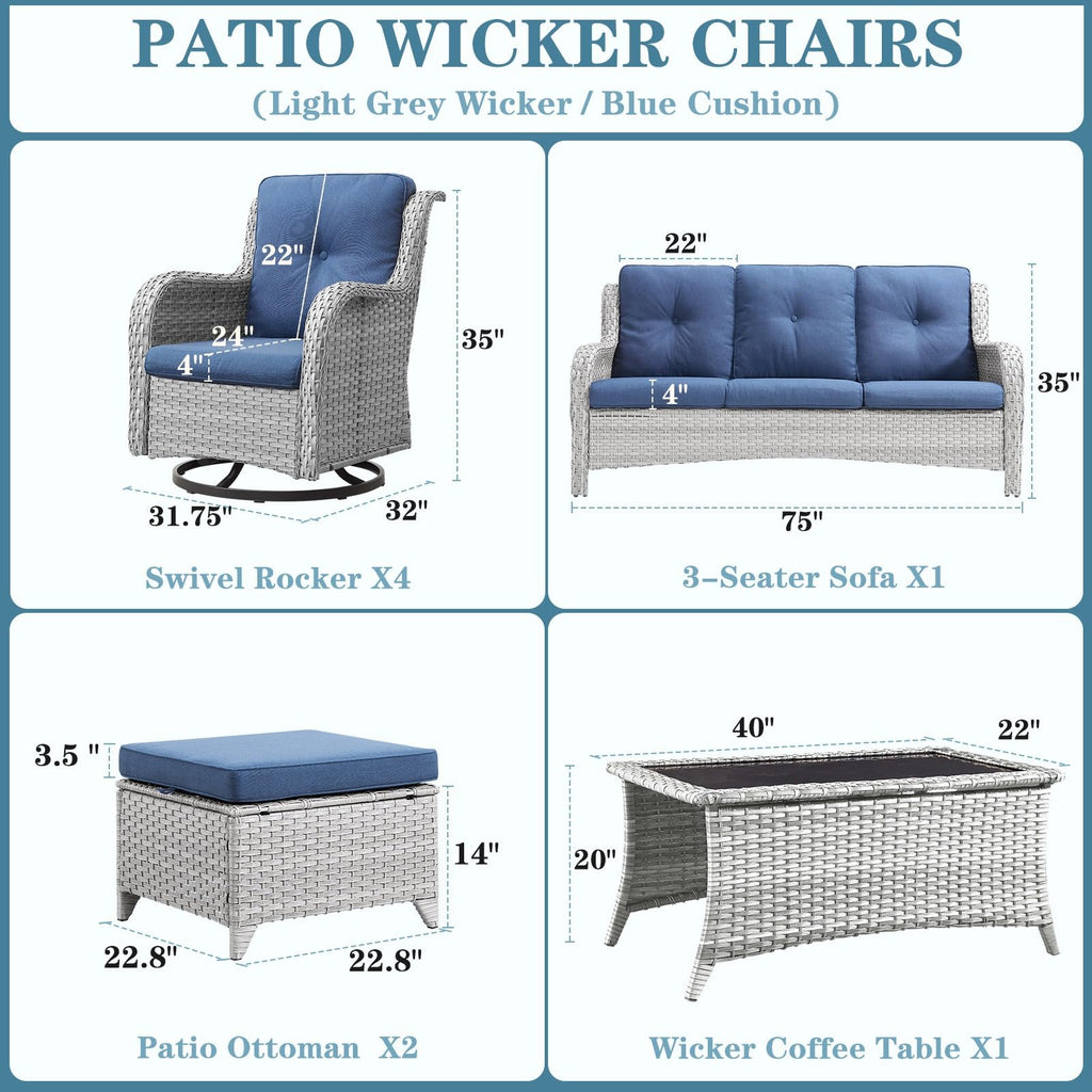 8 Piece Wicker Patio Furniture Set with Swivel Rocker Chairs and Coffee Table K305