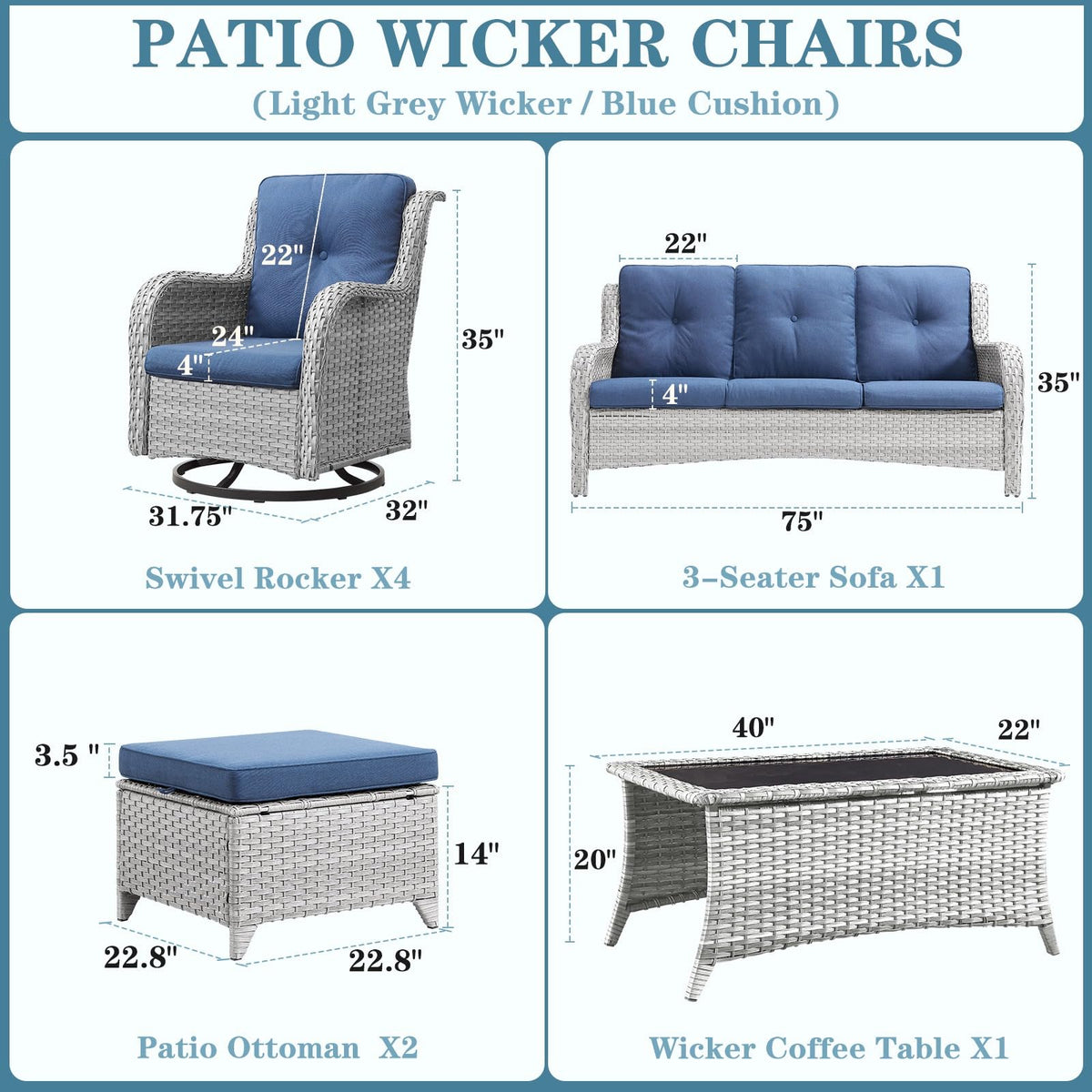8 Piece Wicker Patio Furniture Set with Swivel Rocker Chairs and Coffee Table K305
