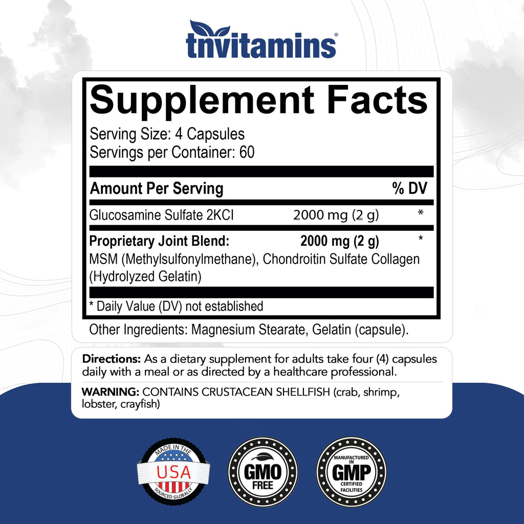 Glucosamine Chondroitin MSM 240 Capsules 4,000 mg Joint Support Supplement L84094