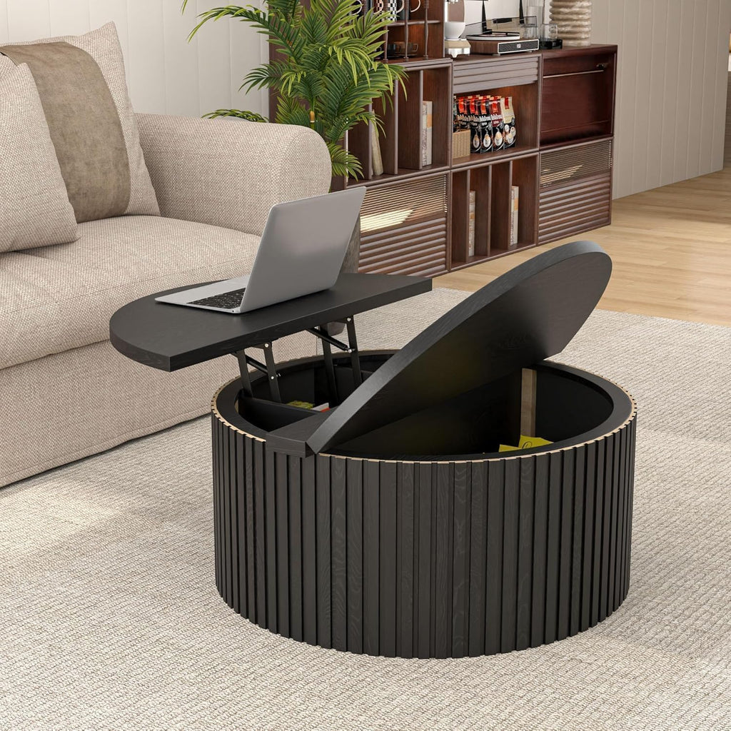 34.6" Fluted Round Lift Top Coffee Table with Hidden Storage, Black L2568