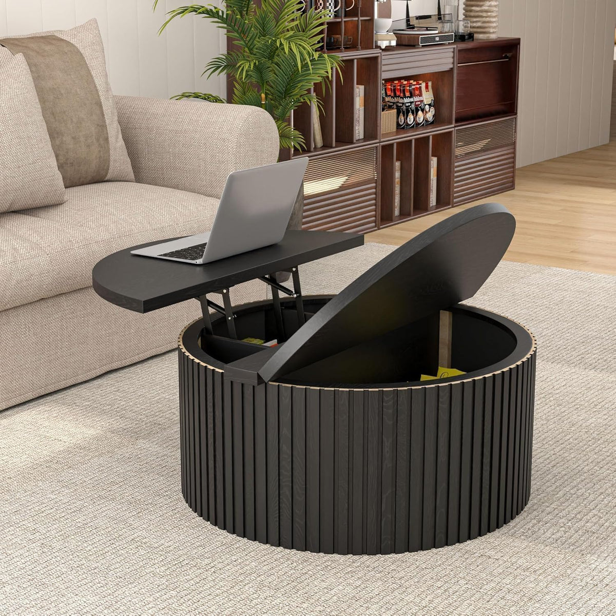 34.6" Fluted Round Lift Top Coffee Table with Hidden Storage, Black L2568