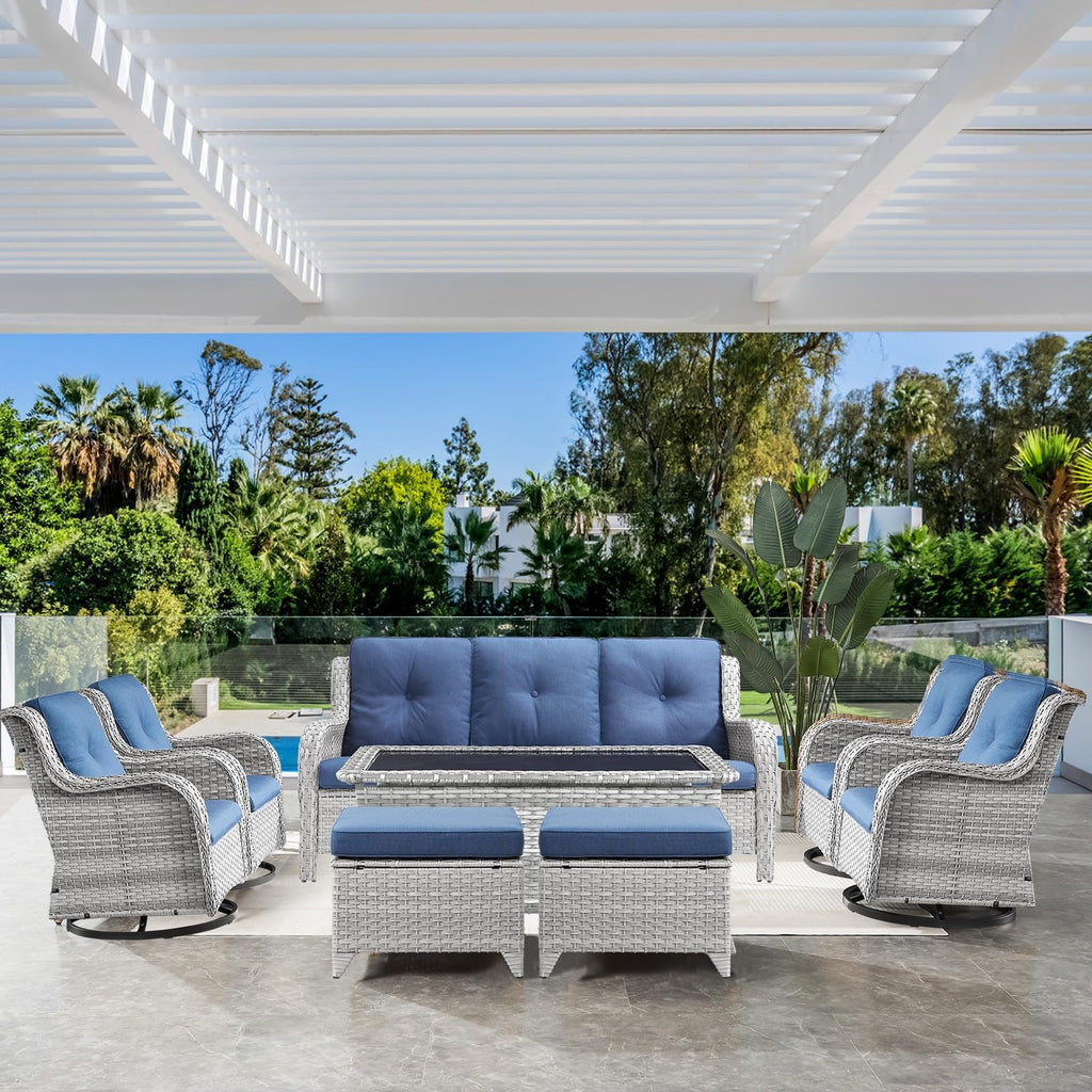 8 Piece Wicker Patio Furniture Set with Swivel Rocker Chairs and Coffee Table K305