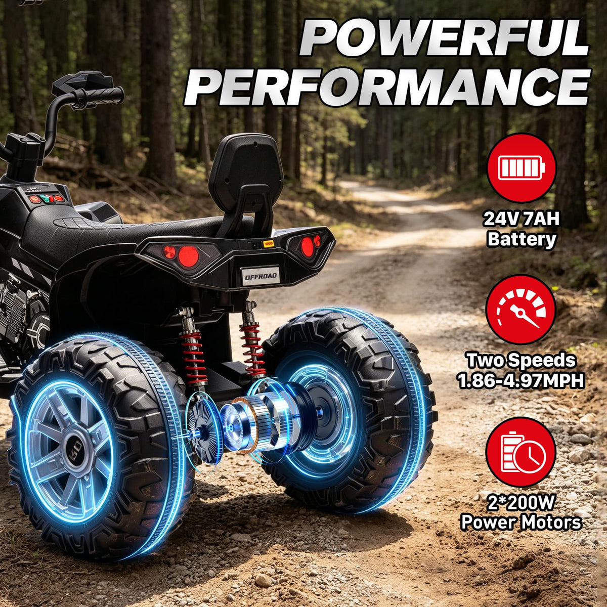 24V 2 Seater Kids ATV with LED Lights and Music, Black O919335