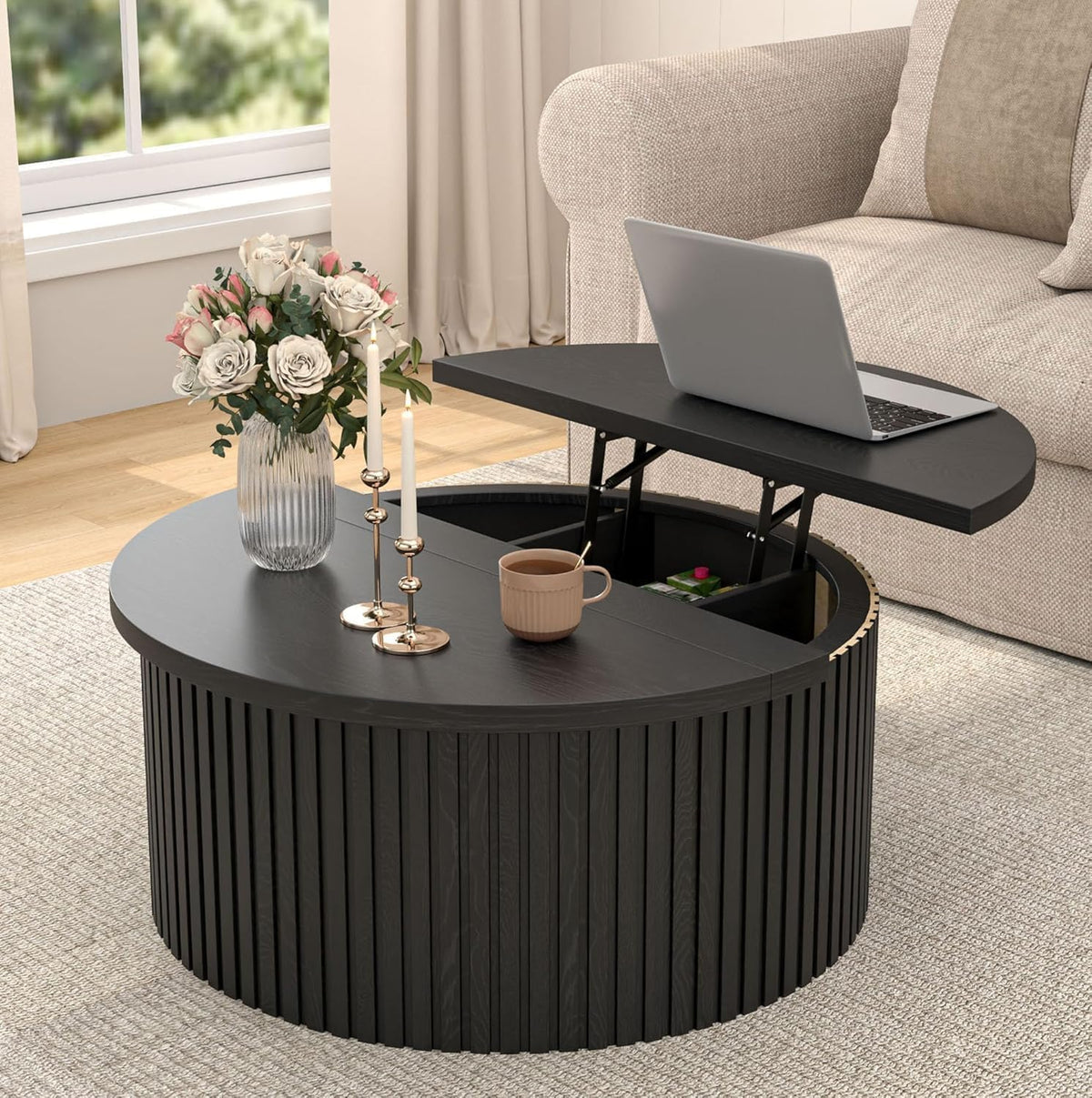34.6" Fluted Round Lift Top Coffee Table with Hidden Storage, Black L2568