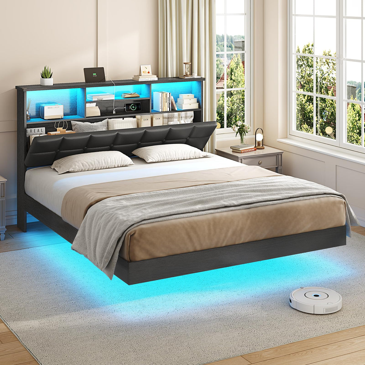 Black Full Size Upholstered Platform Bed Frame with Headboard and Storage I542