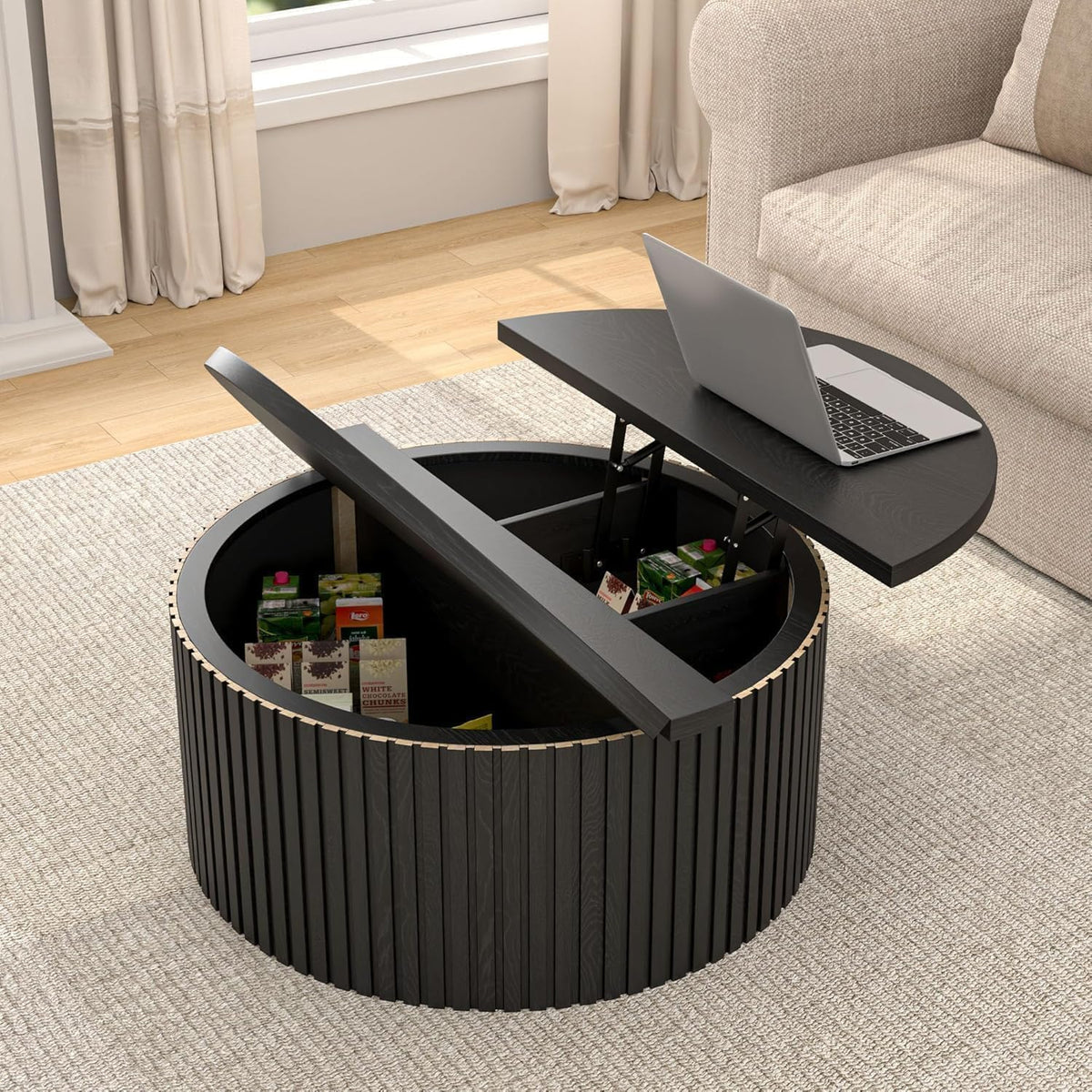 34.6" Fluted Round Lift Top Coffee Table with Hidden Storage, Black L2568