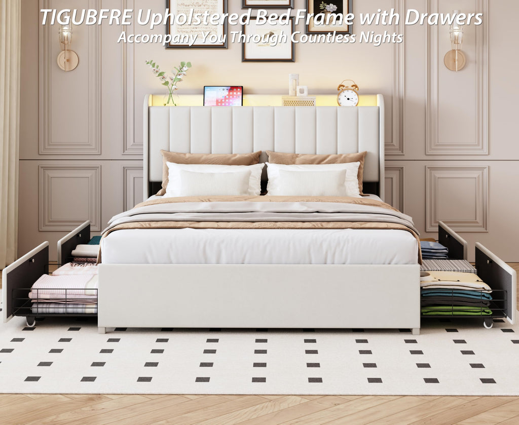 Beige Upholstered Full Size Bed Frame with 4 Drawers and Storage Headboard O5189