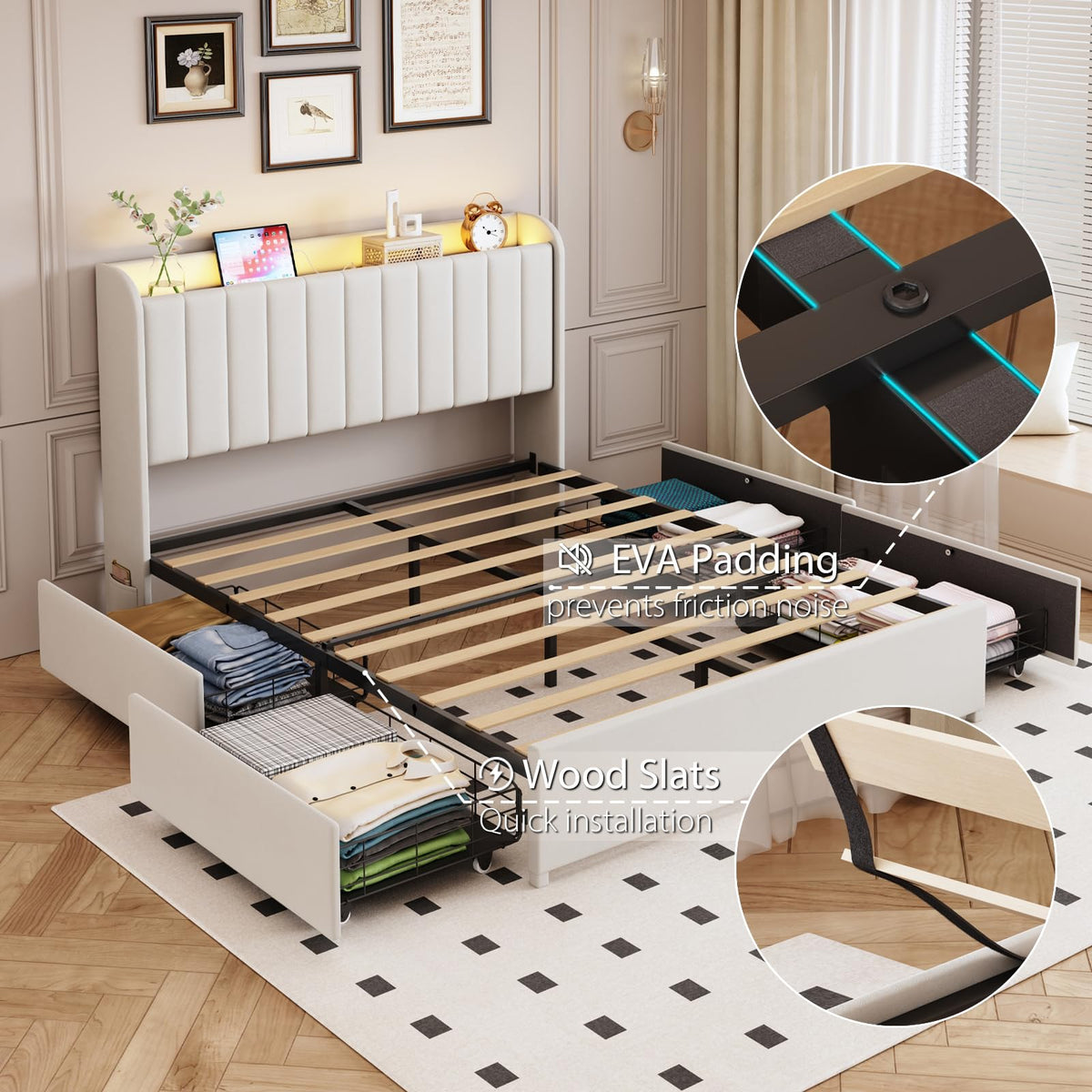 Beige Upholstered Full Size Bed Frame with 4 Drawers and Storage Headboard O5189