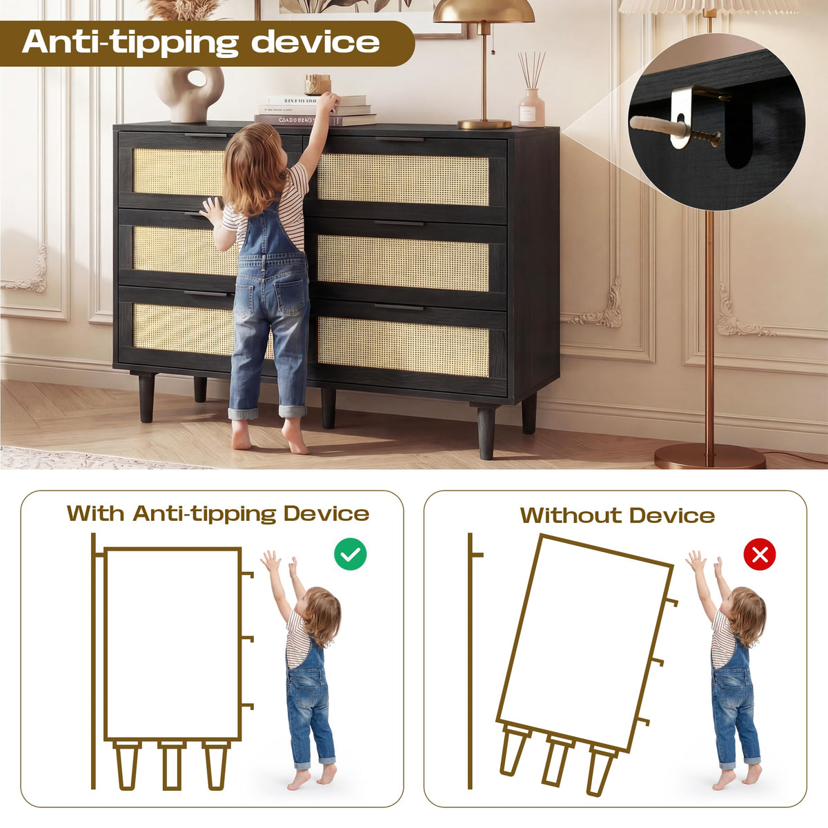 6 Drawer Rattan Wood Dresser U9317