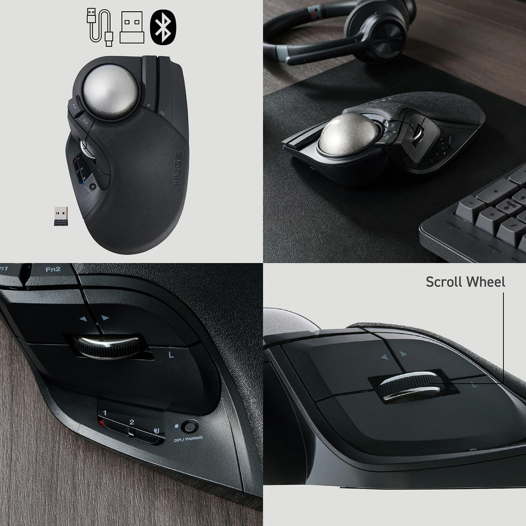 Wireless Trackball Mouse, Ergonomic 52mm Large Ball, Multi-Connection Bluetooth, 2.4GHz Wireless, Wired, 10 Programmable Buttons, Rechargeable, Silent Clicks O73784