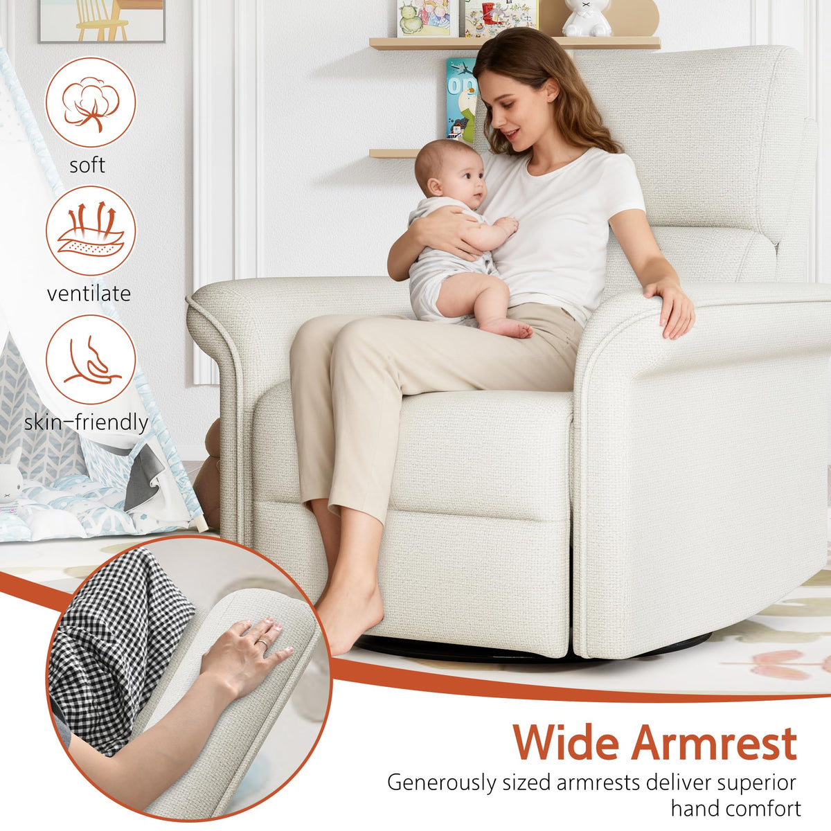 Fabric Light Gray Swivel Rocker Recliner Chair V86833