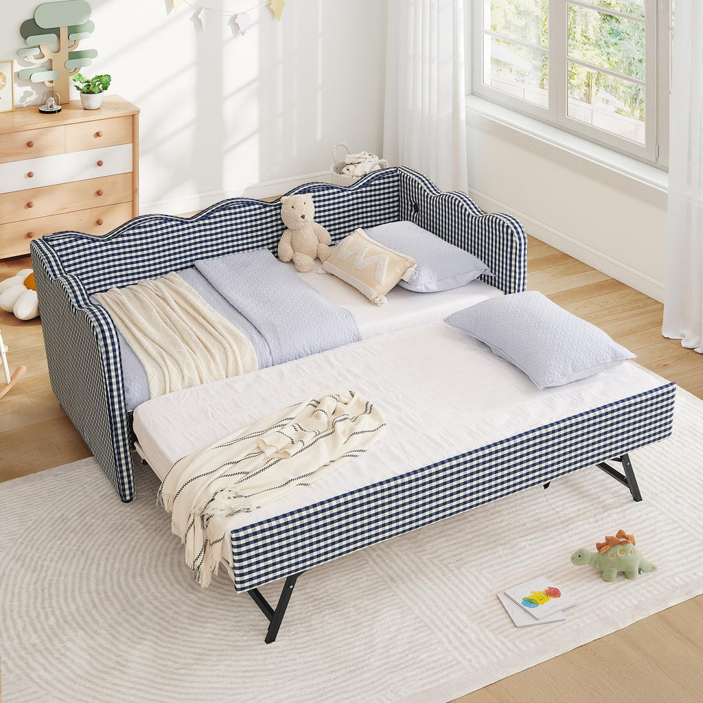 Blue Linen Upholstered Twin Daybed with Trundle M677511