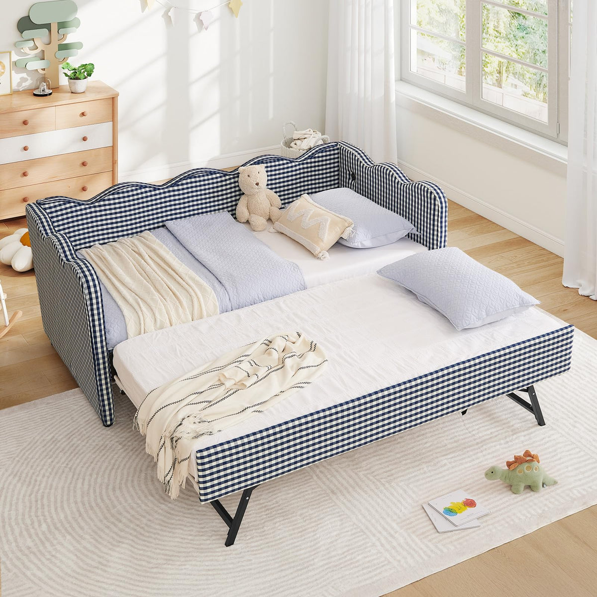 Blue Linen Upholstered Twin Daybed with Trundle M677511