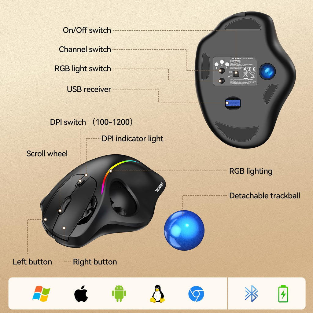 Wireless Bluetooth Ergonomic Trackball Mouse T936599