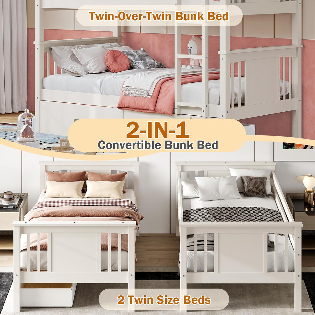 Solid Wood Twin-Over-Twin Bunk Bed with 2 Storage Drawers U953316