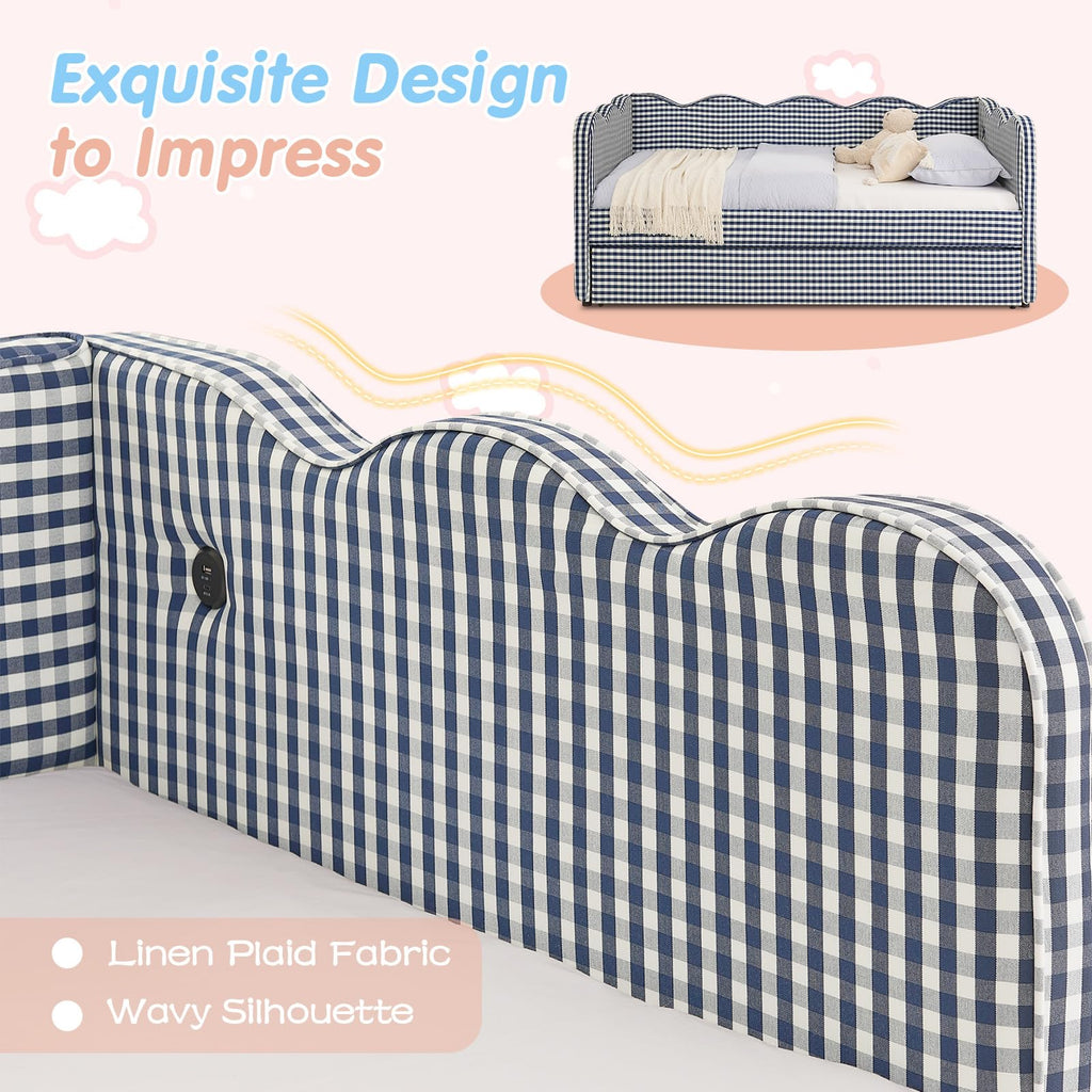 Blue Linen Upholstered Twin Daybed with Trundle M677511