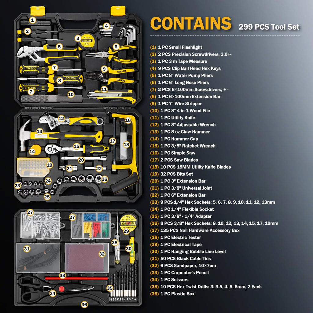 299-Piece Professional Hand Tool Set with Sockets, Pliers, Hex Keys, Screwdrivers Q91959