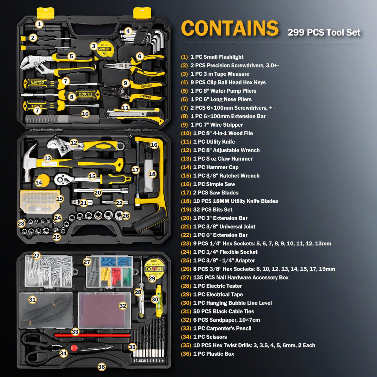 299-Piece Professional Hand Tool Set with Sockets, Pliers, Hex Keys, Screwdrivers Q91959