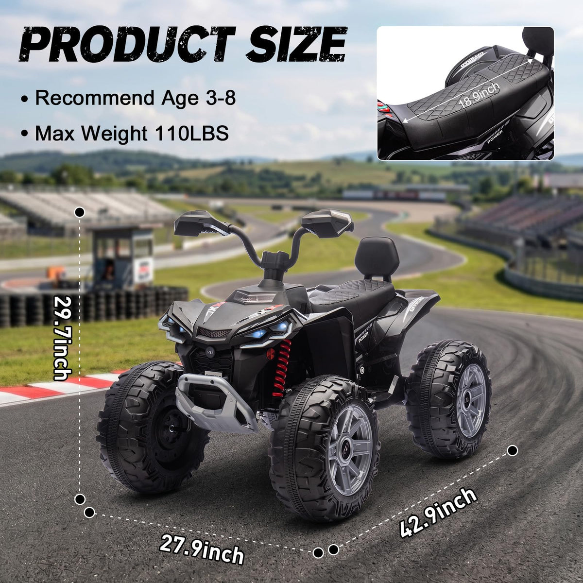 24V 2 Seater Kids ATV with LED Lights and Music, Black O919335