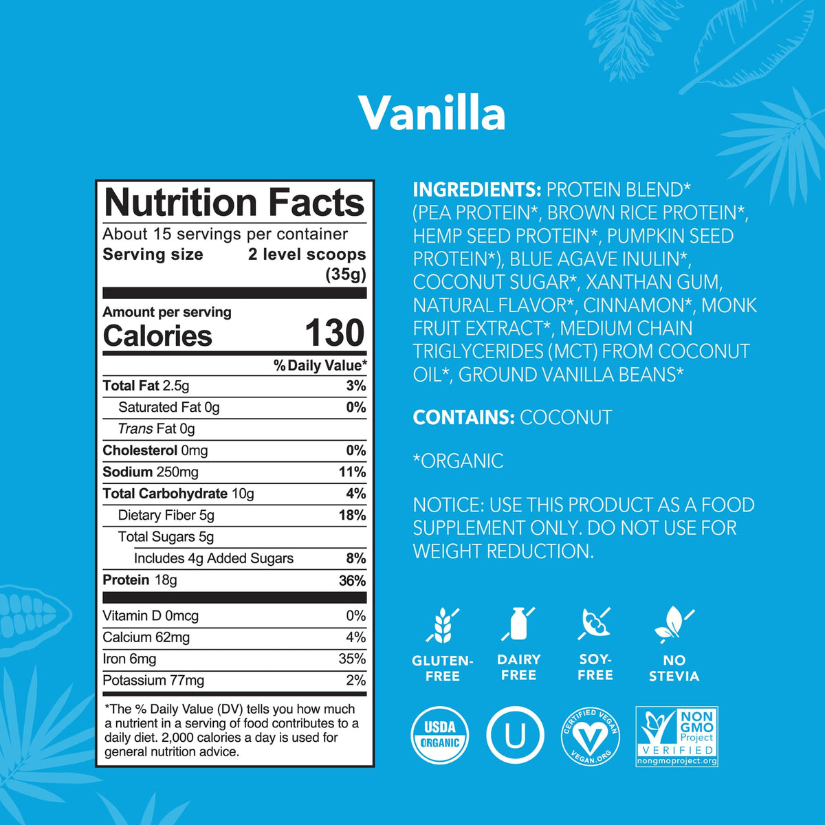 Organic Plant Based Vanilla Protein Powder 19.6 oz I532